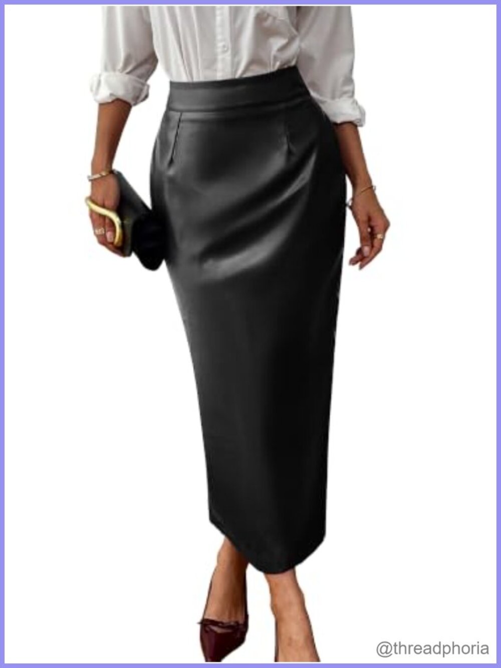 Faux Leather Pencil Midi Skirt Hidden Pockets Stretch Office